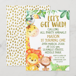 Invitation Anniversaire moderne d'animaux de safari d'or