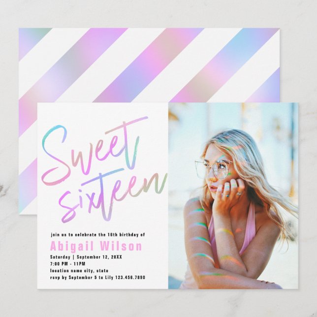Invitation Anniversaire moderne de sweet sixteen holographiqu (Devant / Derrière)