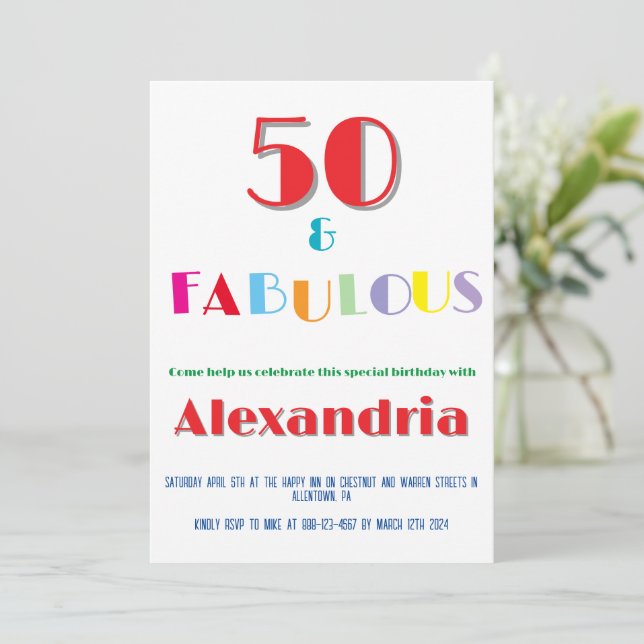 Invitation anniversaire moderne et colorée 50 ans  (Debout devant)