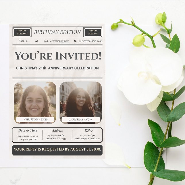 Invitation anniversaire moderne journal photo pers (Créateur téléchargé)