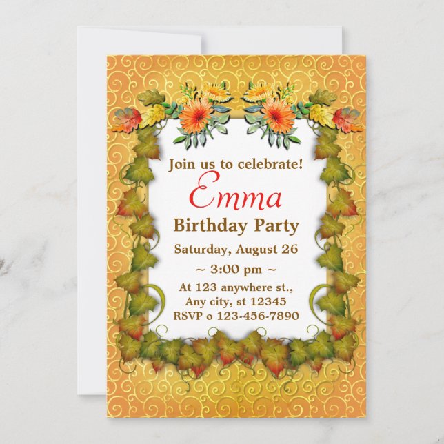Invitation Anniversaire Moderne Mignon de Feuilles d'Automne (Devant)