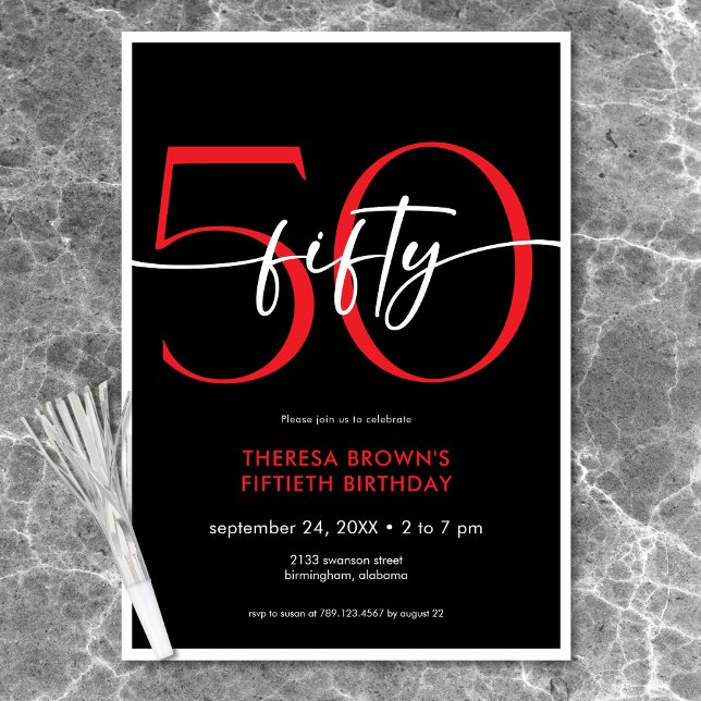 Invitation Anniversaire Moderne Minimal Rouge Cinquante Écrit (Modern Minimal Red Fifty Script Birthday Invitation)