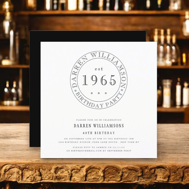 Invitation Anniversaire moderne minimaliste noir et blanc pou (minimal black and white tipography design filly customizable to suite your needs ,men 60th birthday )