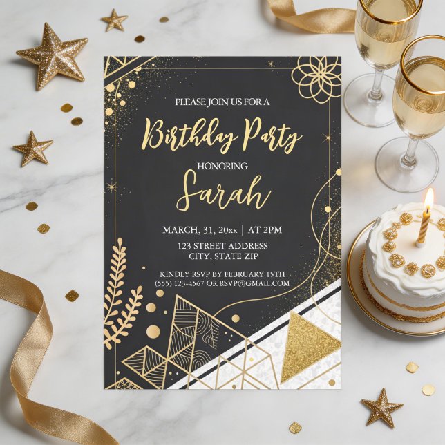 Invitation anniversaire moderne noir et or paillettes de luxe (Créateur téléchargé)