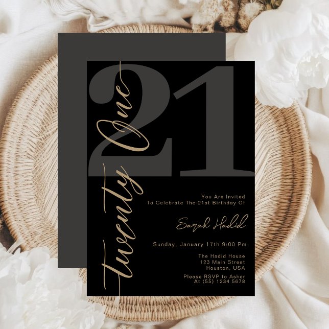 Invitation Anniversaire Moderne Noir Vingt et Un 21 (Créateur téléchargé)