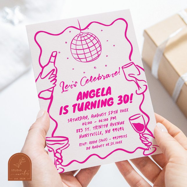Invitation Anniversaire Moderne Rétro Illustré Rose Chaud Ond (Créateur téléchargé)