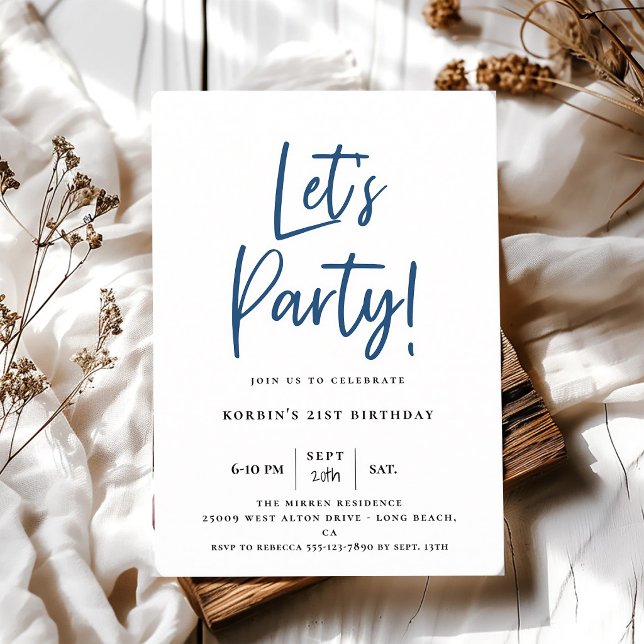 Invitation Anniversaire Moderne Script Bleu Faisons la Fête (Créateur téléchargé)