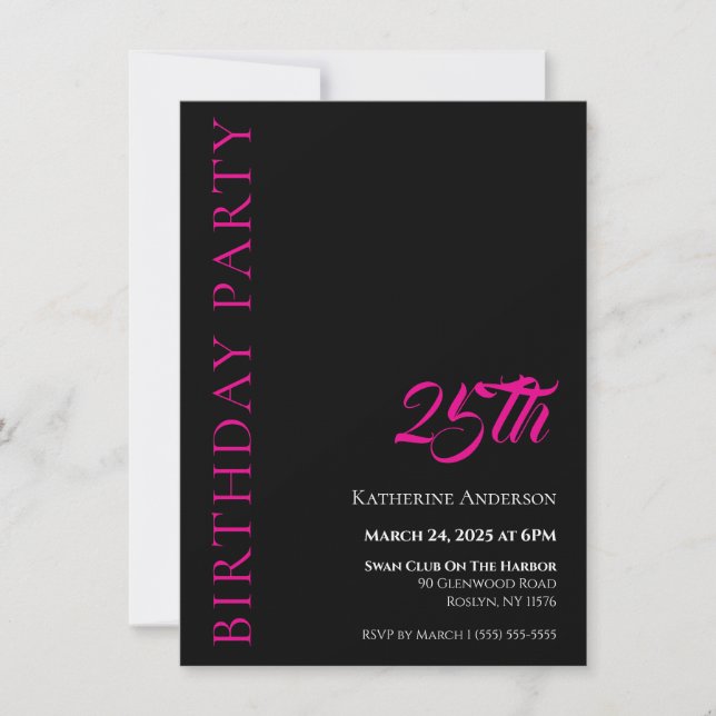 Invitation Anniversaire moderne simple noir blanc et rose (Devant)