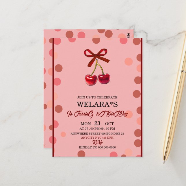 Invitation anniversaire modifiable Cherry 1er anni (Devant/Arrière en situation)