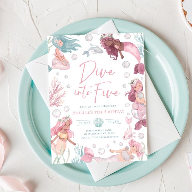 Invitation anniversaire modifiable de plongée pour (Watercolor Mermaid 5th Birthday Invitation)