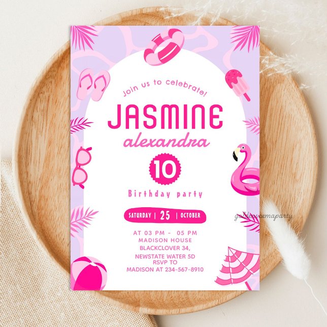 Invitation anniversaire modifiable Pink Pool Party (Pink Pool Party Editable Birthday Invitation)