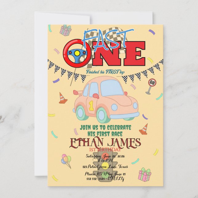 Invitation anniversaire modifiable Racing Boy jaun (Devant)