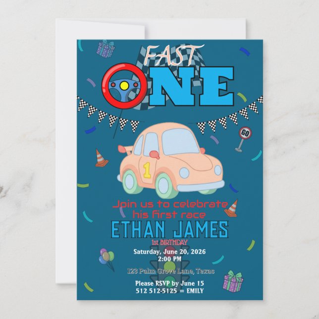 Invitation anniversaire modifiable voiture de cour (Devant)