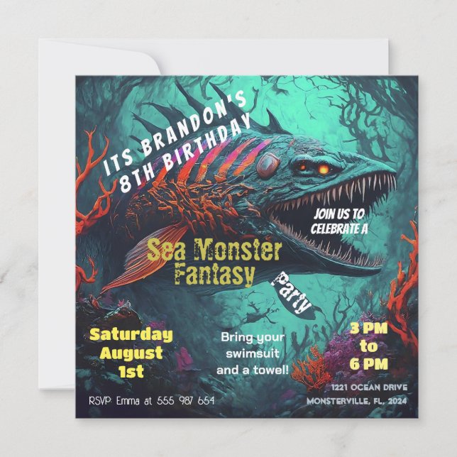 Invitation Anniversaire Monstre de mer Imaginaire (Devant)