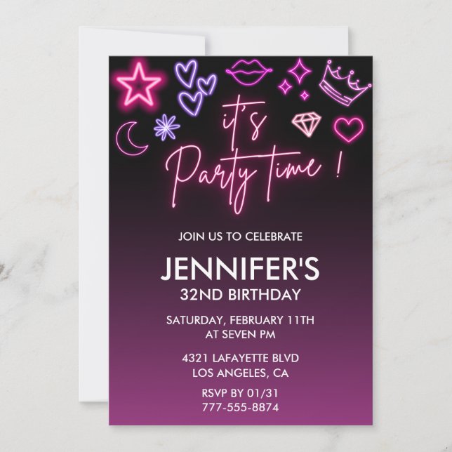 Invitation Anniversaire néon 32e anniversaire Black Pink  (Devant)