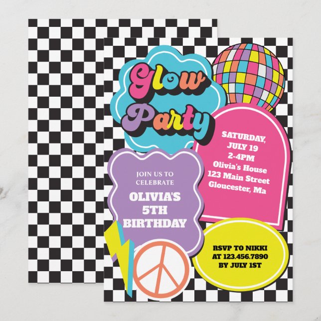 Invitation Anniversaire Néon 90s Rétro Lumineux (Devant / Derrière)