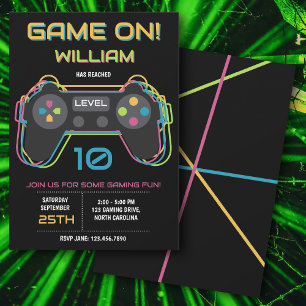 Invitation Anniversaire Néon de Jeux Vidéo pour Adolescents J