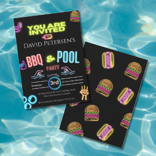 Invitation Anniversaire Néon Fête BBQ et Piscine