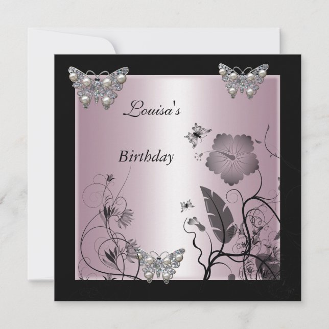 Invitation Anniversaire Noir Argent Perle Papillon Fête Rose (Devant)