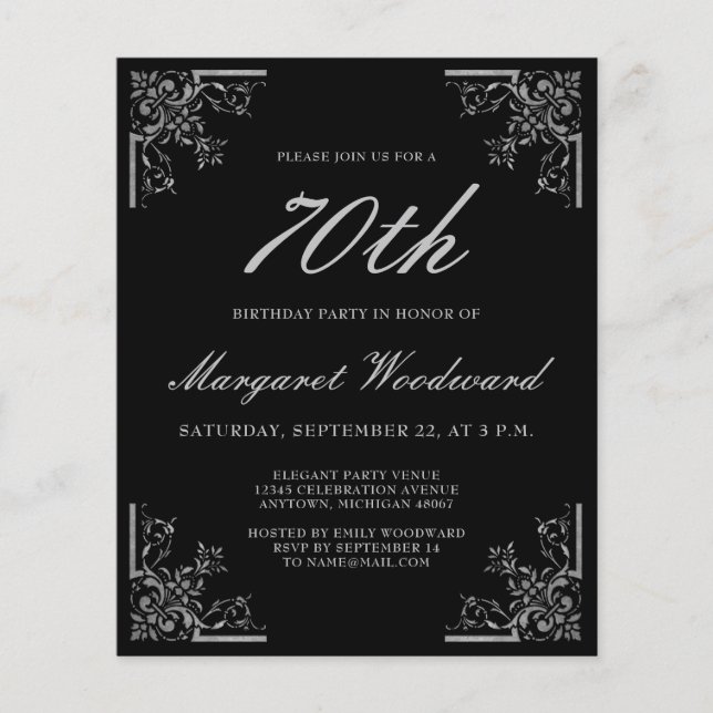 Invitation anniversaire noir argenté vintage budge (Devant)