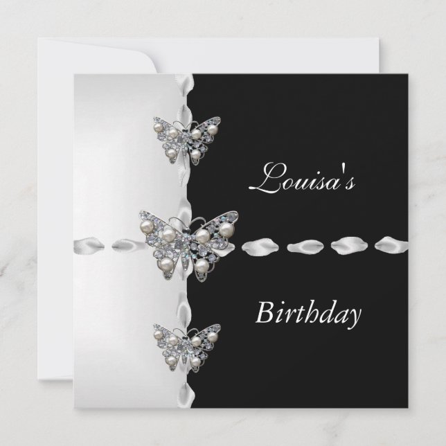 Invitation Anniversaire Noir Blanc Argent Perle Pa (Devant)