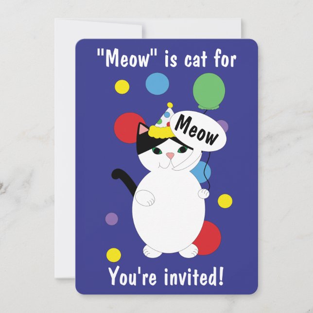 Invitation Anniversaire Noir Blanc Chat Meow Personnalisé (Devant)