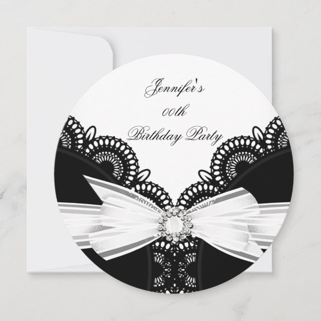 Invitation Anniversaire Noir Blanc dentelle Diamant Top 2 (Devant)