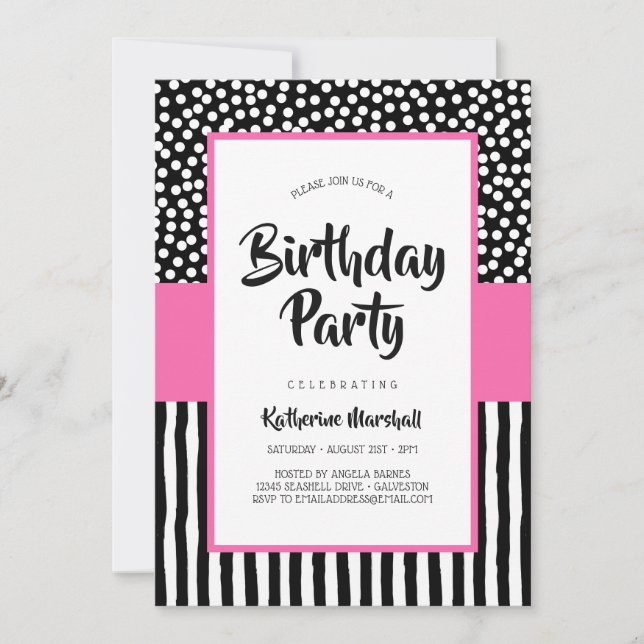 Invitation Anniversaire noir blanc et rose (Devant)