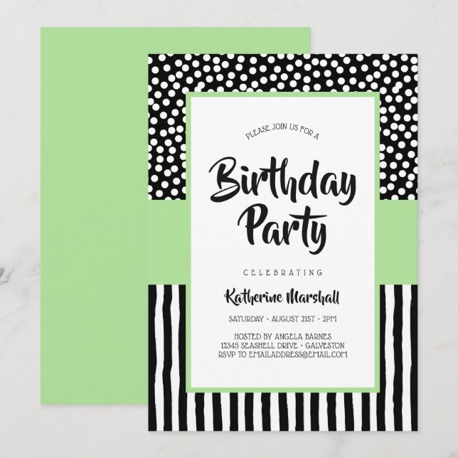 Invitation Anniversaire noir blanc et vert (Devant / Derrière)
