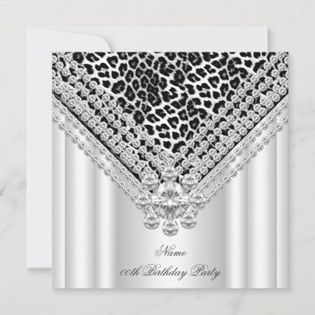 Invitation Anniversaire Noir Blanc Léopard Paillettes Diamant (Devant)