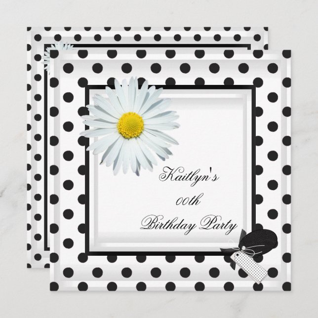 Invitation Anniversaire Noir Blanc Polka Dot Daisy (Devant / Derrière)