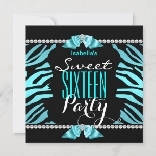 Invitation Anniversaire Noir Blanc Zèbre Bleu Turquoise 16 An