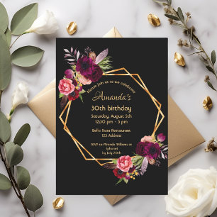 Invitation Anniversaire noir bordeaux or floral géométrique
