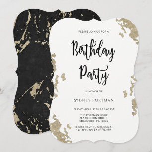 Invitation Anniversaire Noir et Blanc Faux Gold Marble