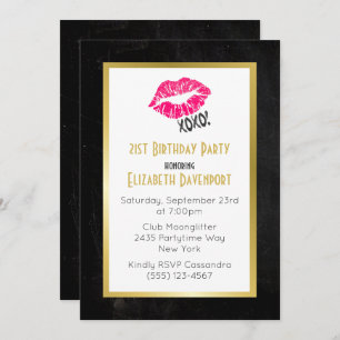 Invitation Anniversaire noir et or avec lèvres rose Kissy