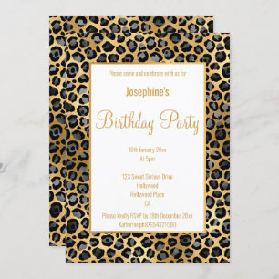 INVITATION ANNIVERSAIRE NOIR ET OR LEOPARD