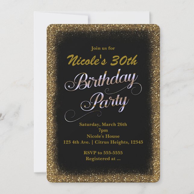 Invitation anniversaire noir et or pailleté (Devant)
