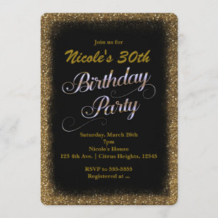 Invitation anniversaire noir et or pailleté