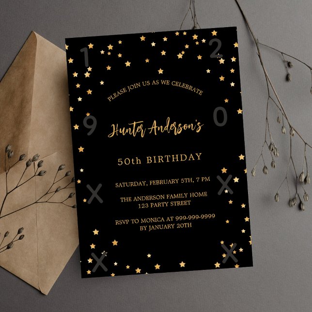 Invitation Anniversaire noir étoiles années luxe (Créateur téléchargé)