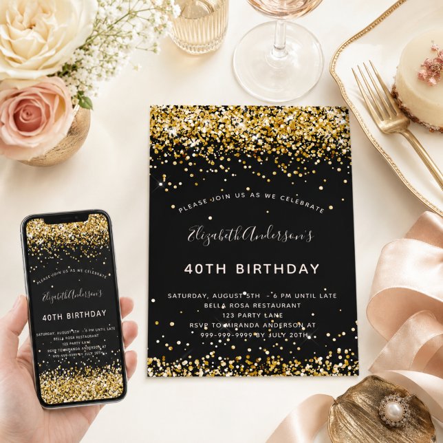 Invitation Anniversaire noir or paillettes glamour (Créateur téléchargé)