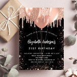 Invitation Anniversaire noir rose or parties scintillant ball<br><div class="desc">Un arrière - plan noir. Décoré d'or rose,  de gouttes de parties scintillant blush,  de la peinture goutte à goutte et des ballons. Personnalisez et ajoutez un nom,  21 ans et les détails de la fête. Le nom est écrit avec un script de style manuscrit</div>