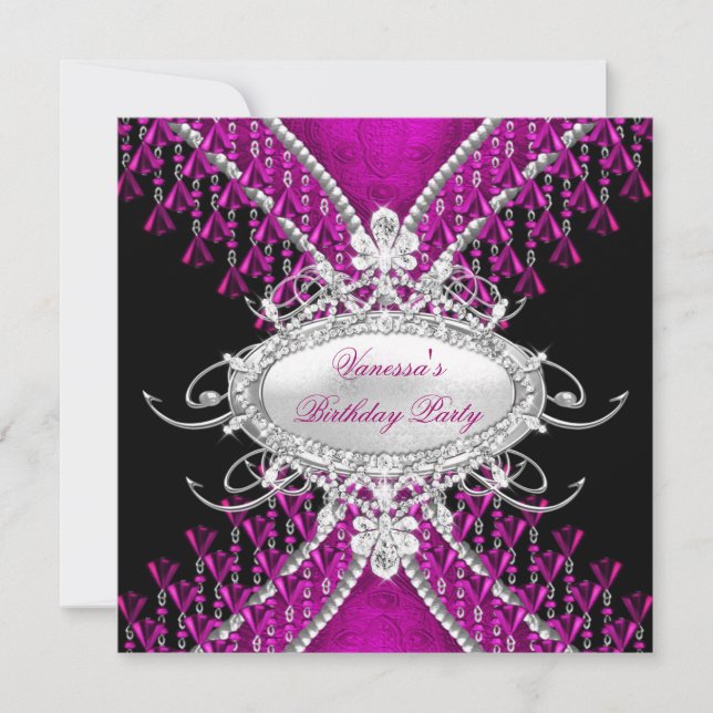 Invitation Anniversaire Noir rose Plum perles Diamond (Devant)