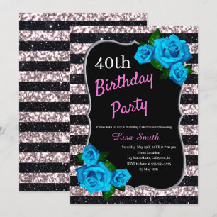 Invitation Anniversaire Noir rose rayures Parties scintillant
