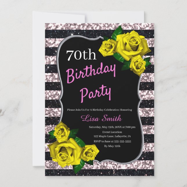 Invitation Anniversaire Noir rose rayures Parties scintillant (Devant)