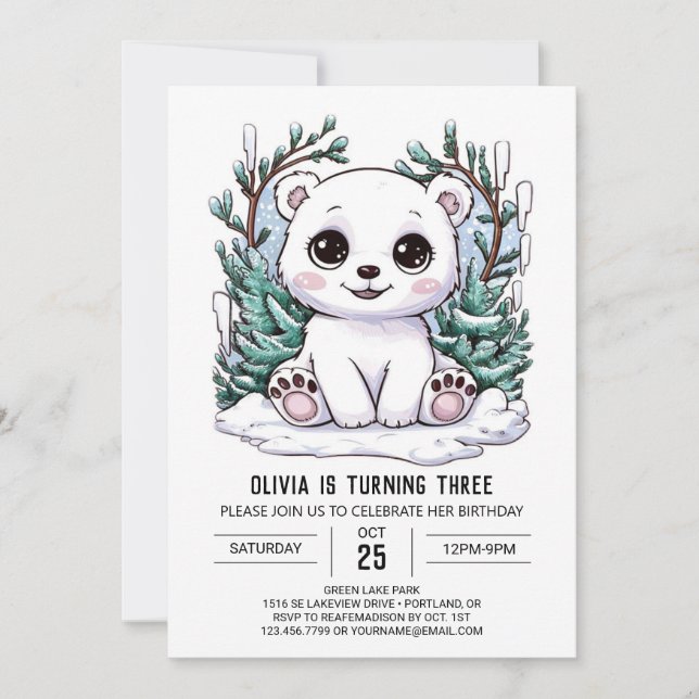 Invitation Anniversaire numérique de l'Ours blanc enchâssé (Devant)
