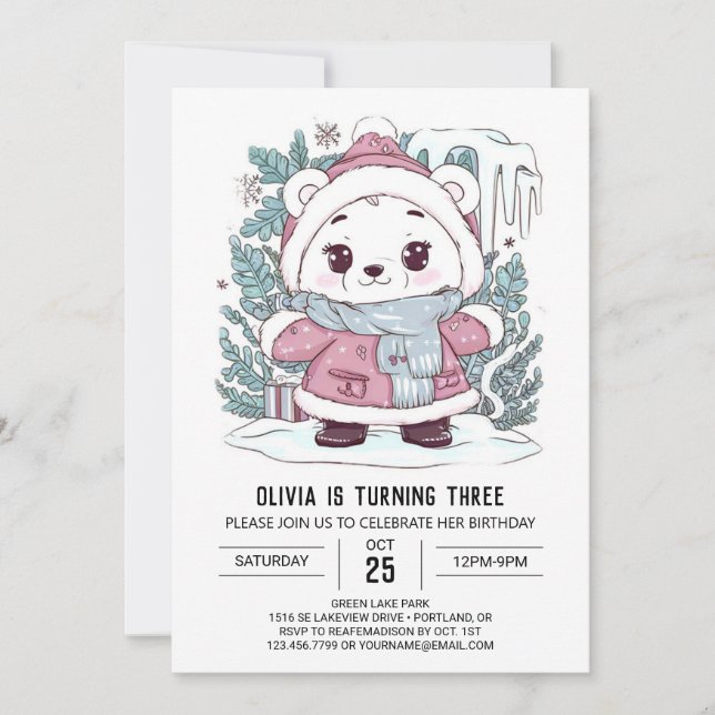 Invitation Anniversaire numérique Enchanted Winter Polar Bear (Devant)