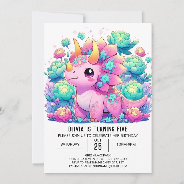 Invitation Anniversaire numérique floral Enchanted Dinosaur (Devant)