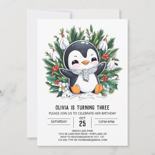 Invitation Anniversaire numérique Pastel Snow Penguin (Devant)