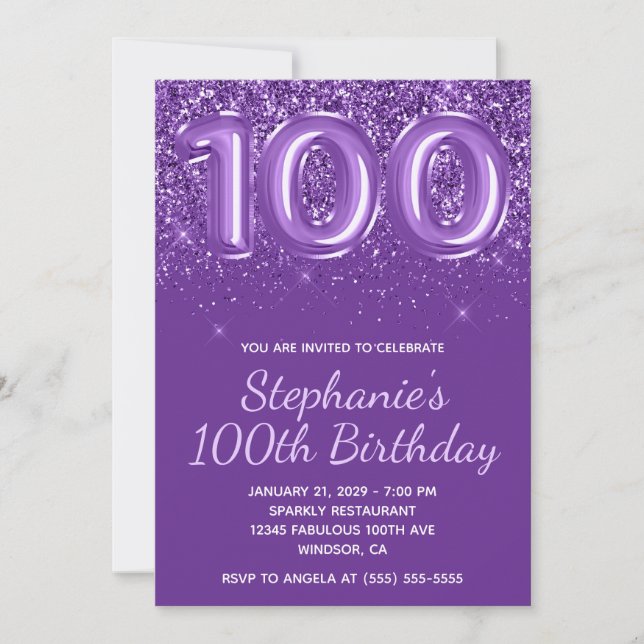 Invitation Anniversaire Numéro 100 Royal Violet Étincelant (Devant)