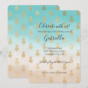 Invitation Anniversaire Ombre Aqua Crème de Pêche Gold Pineap